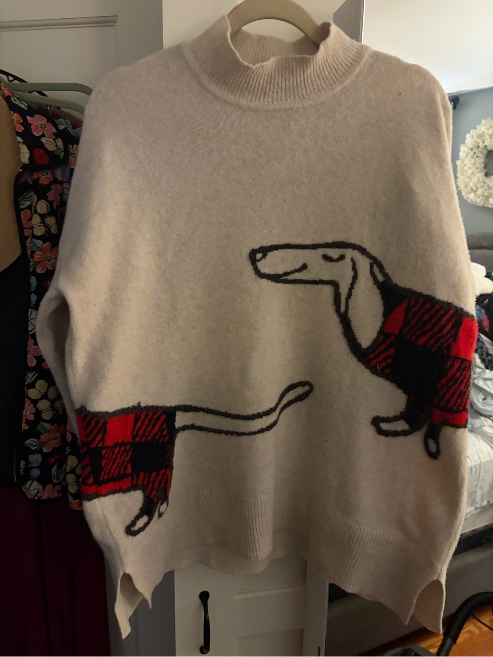 LOFT Cream Turtleneck Sweater with Red and Black Plaid Dachshund Motif
